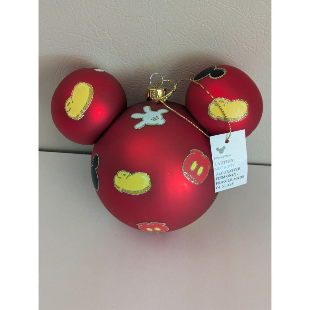 Disney Parks Icon Red Mickey Mouse Ears Glass Christmas Ornament Large Gloves